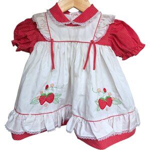 Vintage 70s 80s Strawberry Embroidered Pinafore Baby Girl's Dress 24 months